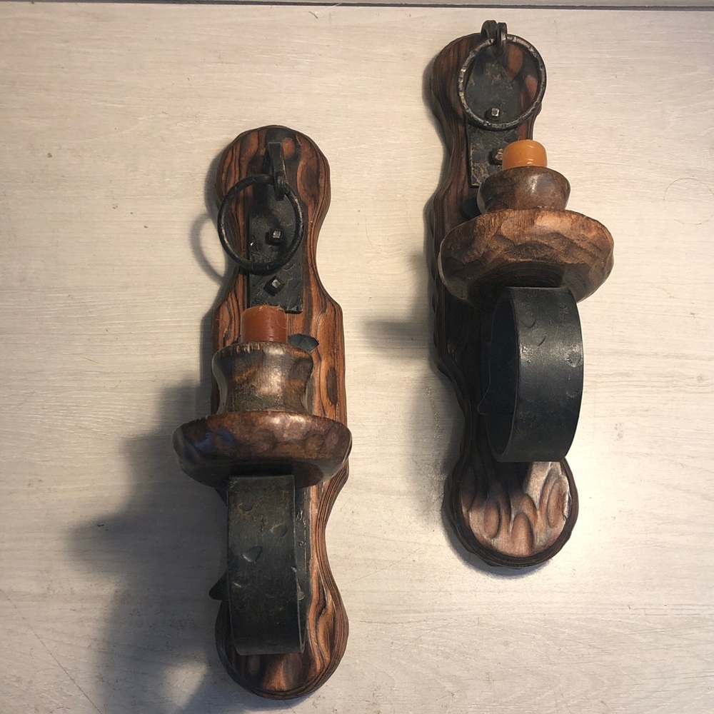 Vintage Spanish Revival Old World Wood & Wrought Iron Wall Sconces w old candles